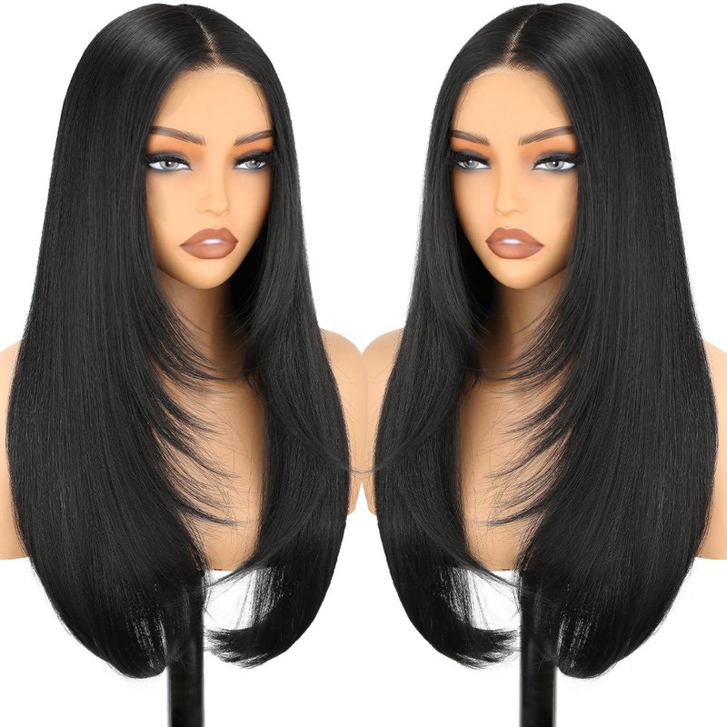 NOSTALGIA Black Glueless Lace Front Wig - 26 Inch Straight Synthetic Layered Style for Women