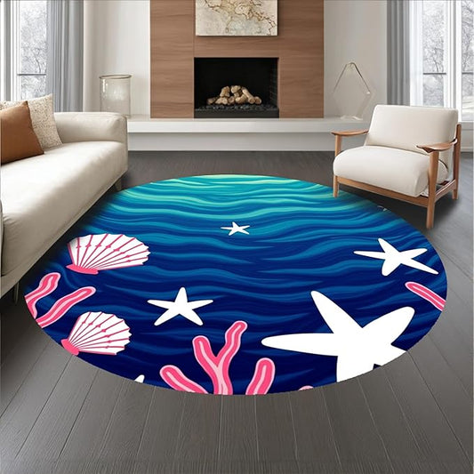 Flatwoven High Traffic Area Rug 8, Ocean Treasure Marine Life Bathroom Contour Ensemble, Non Slip, Stain Resistant, Washable Area Rugs for Living Room, Bedroom (Blue, 8)