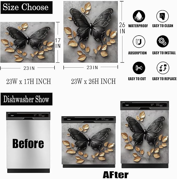 Black Butterfly Gold Leaf Dishwasher Magnet Cover Metalized Pattern Front Dishwasher Cover Magnetic Home Appliances Doors Panel Magnets Decals Kitchen Decorative 23" x 17"(Magnetic)