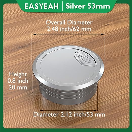 EASYEAH 2 Pcs Desk Grommet 2-1/16" / 53 mm, Desk Cord Hole Cover, Cable Grommet ABS Plastic, Desk Hole Grommet for Home & Office Pc, Detachable Adjustable Cable Cord Organizer-Silvery
