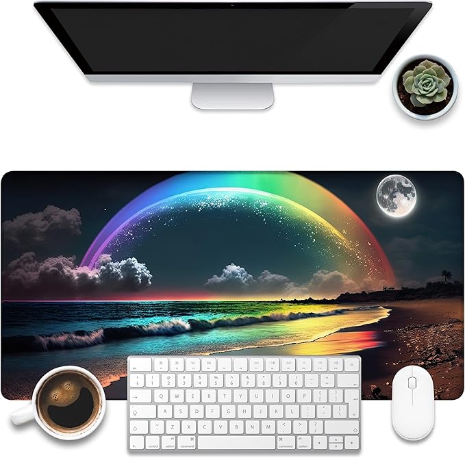 KOAIWPAE Desk Mat, Rainbow and Full Moon Desk Pad, Beach at Night Large Gaming Mouse Pad for Desk, 31.5"x15.7" Extended Big Computer Keyboard Mouse Pad with Non-Slip Base and Stitched Edge