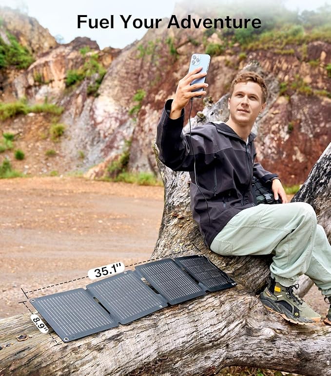 30W Solar Panel,Foldable Portable Solar Panel,25.4% High-Efficiency, USB-A and 2 USB-C Ports, Folding IP 68 Waterproof Solar Panels with Carabiners for Camping