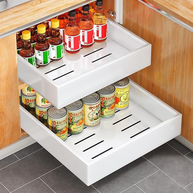 Pull out Cabinet Organizer, 21"Deep, Heavy Duty Full-Extension Slide out Drawers for Kitchen Cabinets with Nano Adhesive, Roll Out Shelf Sliding Cabinet for Pots, Bathroom, Pantry, Under Sink, White
