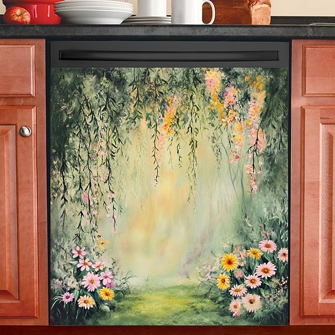 Dishwasher Magnet Cover 23x26 in Garden Forest with Cascading Blossoms and Sunlight Glow Dishwasher Cover for Kitchen Appliance Decoration Front Panel Sticker Panel Home Decor Decal