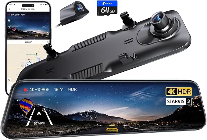Pelsee S12 Pro Mirror Dash Cam with STARVIS 2 Sensor, Rear View Mirror Camera 5.8GHz WiFi, 4K Front and 1080P Rear Backup Camera for Car, ADAS, Voice Control, Color Night Vision, 64G Meomory Card