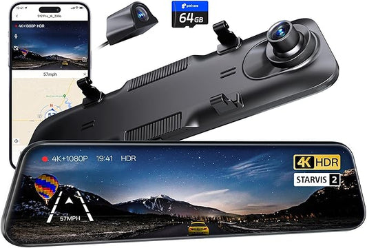 Pelsee S12 Pro Mirror Dash Cam with STARVIS 2 Sensor, Rear View Mirror Camera 5.8GHz WiFi, 4K Front and 1080P Rear Backup Camera for Car, ADAS, Voice Control, Color Night Vision, 64G Meomory Card