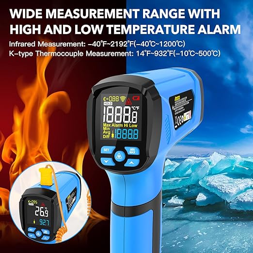 INSTRODOTS Infrared Thermometer Temperature Gun, -40℉ to 2192℉ Dual Laser High Temp Thermometer with LCD Color Display, Non-Contact Industrial Pyrometer 50:1 Distance Ratio, Adjustable Emissivity