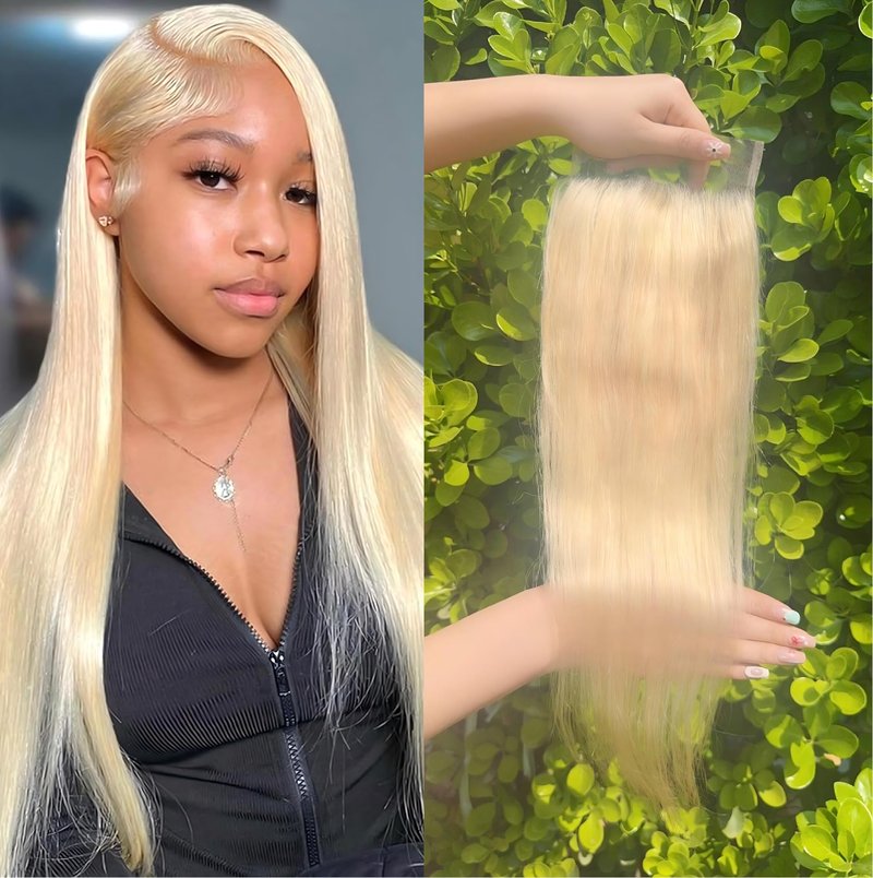 5x5 613 Closure Hd Transparent Lace 12A Grade Blonde Human Hair Pre Plucked With Baby Hair Brazilian Virgin Straight Hair Invisible Lace Frontal Closure Free Part 14 Inch