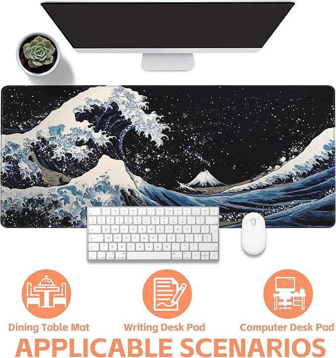 NIYLYNSYN Mouse Pad Large Wave in The Night Sky Non-Slip Game Desk Mat with Stitched Edge Laptop Keyboard Desk Pad for Work Home Gaming (35.4 x 15.7 Inches)