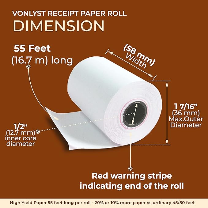 Vonlyst Receipt Paper Roll for 58mm Mobile Portable Thermal Printer (Pack 50 rolls)