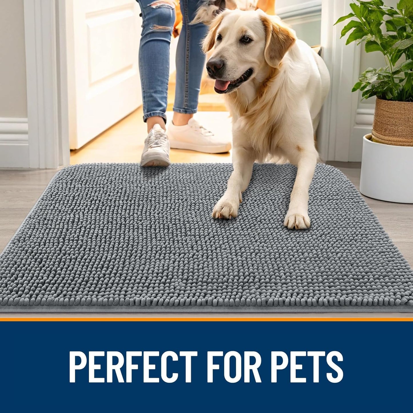 OLANLY Dog Door Mat - Absorbent Non-Slip Chenille Mat for Muddy Paws | 24x16 Inches, Quick Dry, Grey