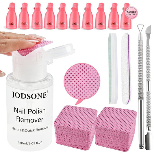 JODSONE Nail Polish Remover Kit with Non-Acetone Nail Polish Remover,Nail Clips,200Pcs Cotton Pads,Cuticle Pusher & Peeler,Soak Off Gel Remover Set for Gel Nail Polish,Safe & Gentle Nail Care Tools