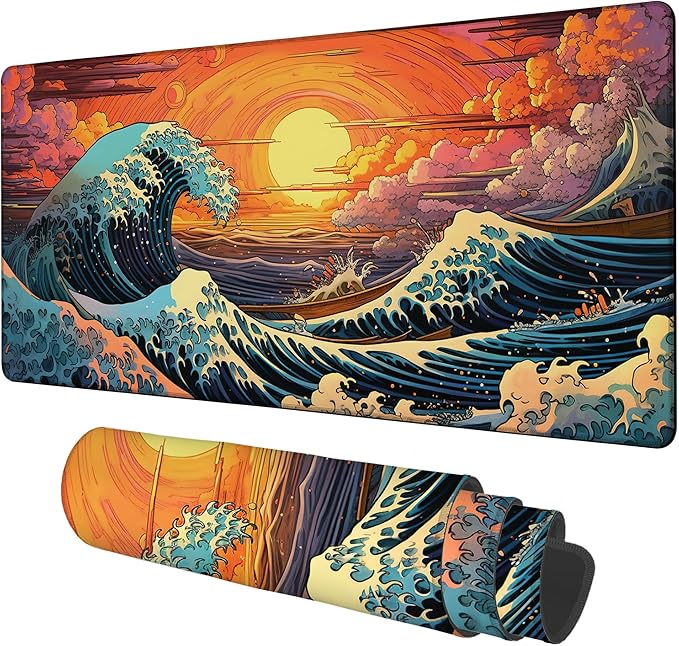 NITAHHHY Gaming Desk Pad Large Extra Length Japanese Blue Waves Mouse Pad Keyboard Laptop Non-Slip Waterproof with Rubber Base Thick Stitched Edge Mouse Mat for Office Home 35.4 x 15.7 Inches