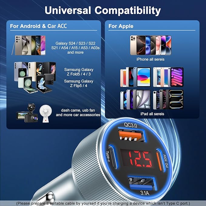 Car Phone Charger for iPhone 17 16 15, Besgoods USB C Car Charger Adapter 4 Ports with Voltmeter PD&QC Fast Charging Cigarette Lighter for Galaxy S25 S24 S23 A16 Dash Cam, with 6ft USB C to C Cable