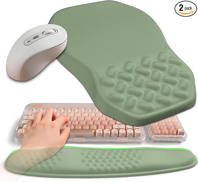 Gleamtide 2-in-1 Ergonomic Set, Wave Keyboard Wrist Rest and Massage Slope Mouse Pad Wrist Support, Rebound Memory Foam for Relieve Carpal Tunnel Syndrome and Wrist Pain (Olive Green)