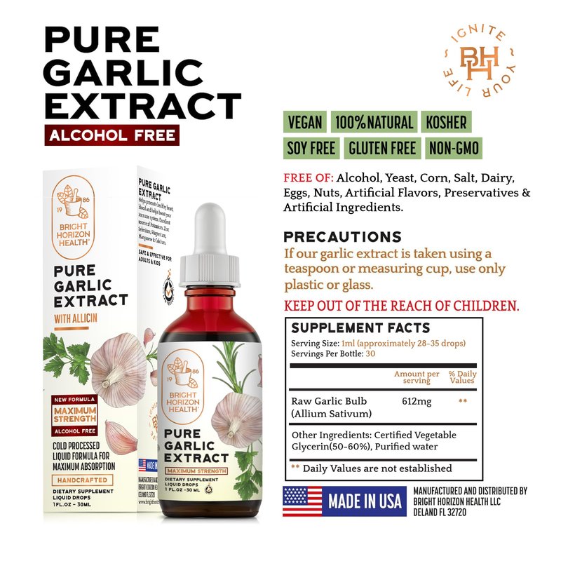 BRIGHT HORIZON HEALTH Pure Garlic Extract – Allicin Supplement – Immune Support. Alcohol-Free Formula, Vegan, Raw, Superfood – Liquid Garlic Oil Drops - 1 fl.oz
