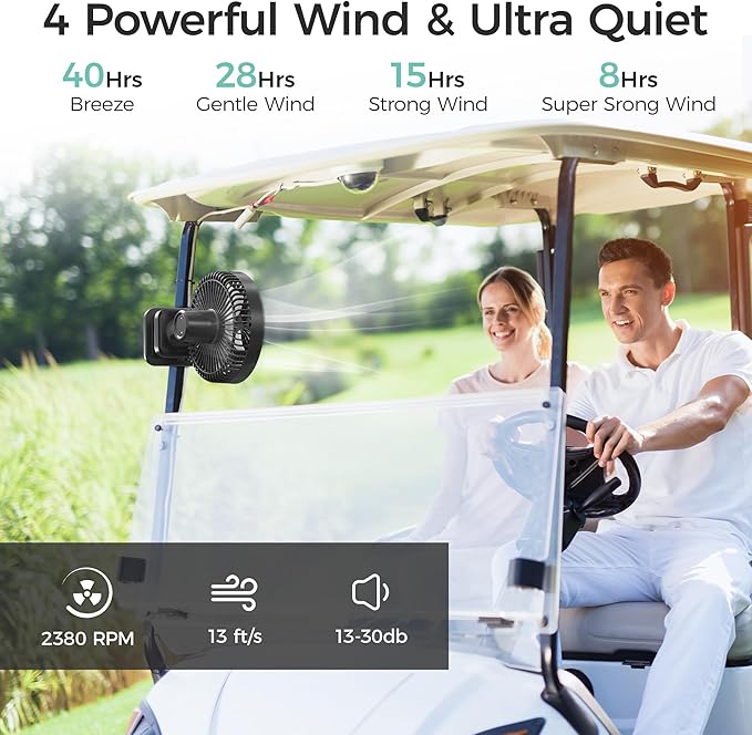 10000mAh Clip On Fan, 42H Run, Quiet & Auto Oscillating Table Fan, Rechargeable with 4 Powerful Speeds, Battery Operated Desk Fan with Sturdy Clamp for Camping Outdoor Travel RV Home Bedroom Office
