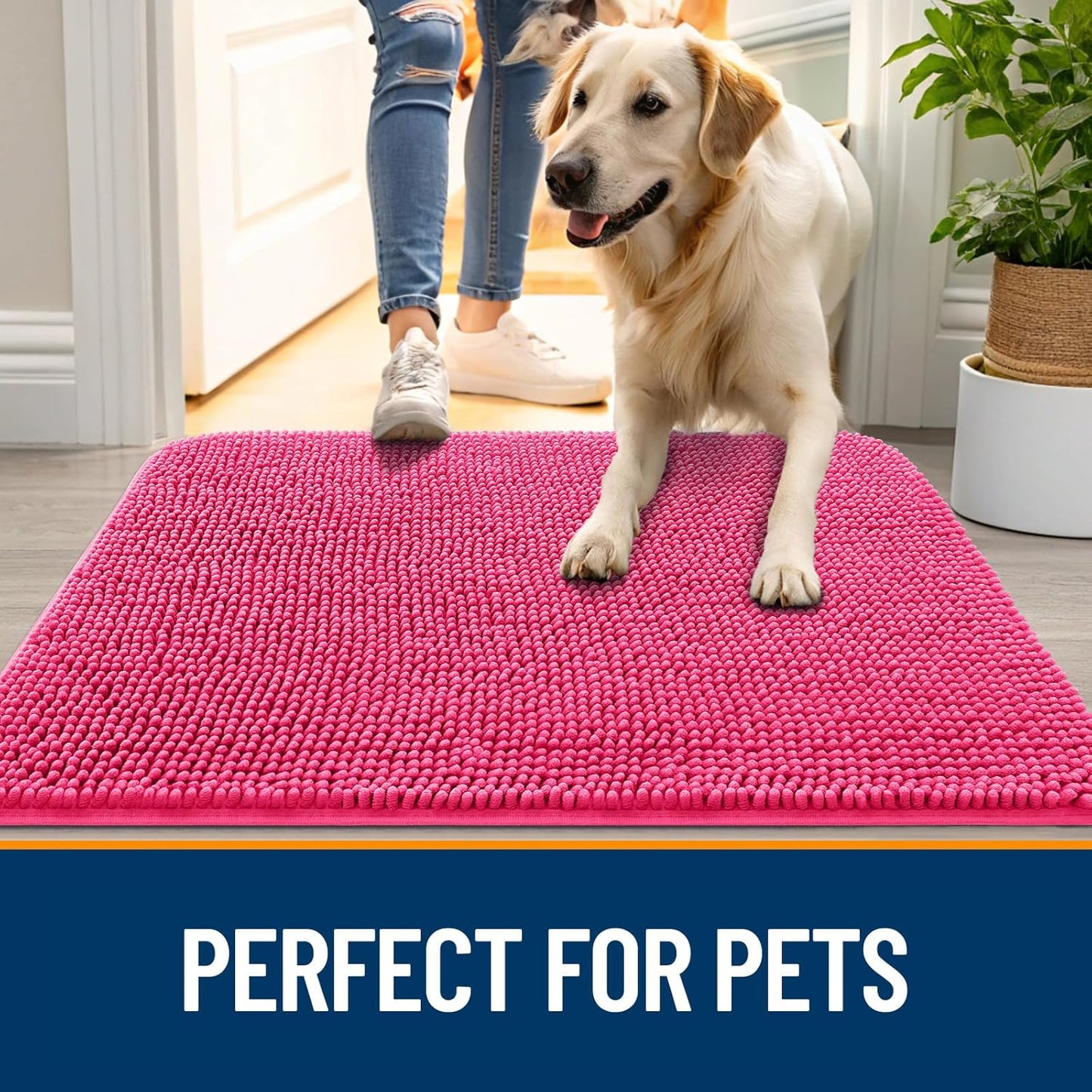 OLANLY Dog Door Mat - Absorbent Non-Slip Mud Mat for Indoor Use | Quick Dry Chenille, 70x24, Hot Pink
