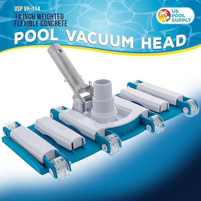 U.S. Pool Supply 14" Manual Pool Vacuum Head for Inground Pools, Flexible, Weighted - 6 Weights, Swivel Hose Connection 1.25" or 1.5", Aluminum Pole Handle - Accessory Attachment, Clean Remove Debris