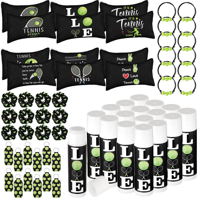 Dansib 60 Pcs Tennis Lover Gifts Set Tennis Party Supplies Include 12 Makeup Bag, Hair Scrunchies, Charm Bracelets, Lipstick and Lipstick Holder Keychain for Female Athletes