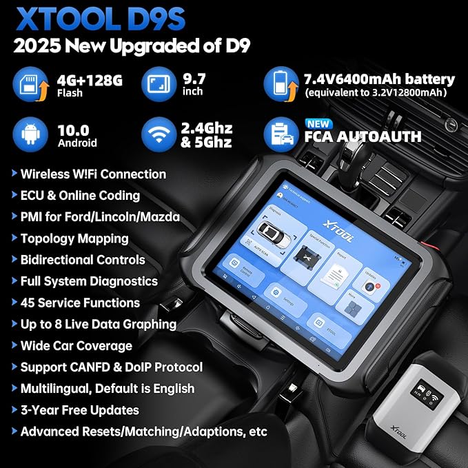 XTOOL D9S 2.0 ECU Coding Bidirectional Scan Tool, AI-Assisted OE Level Automotive Scanner, Topology Map, PMI, 45+ Resets, FCA/CAN FD/DoIP, Professional Full System Diagnostic Scanner, 3 Years Update