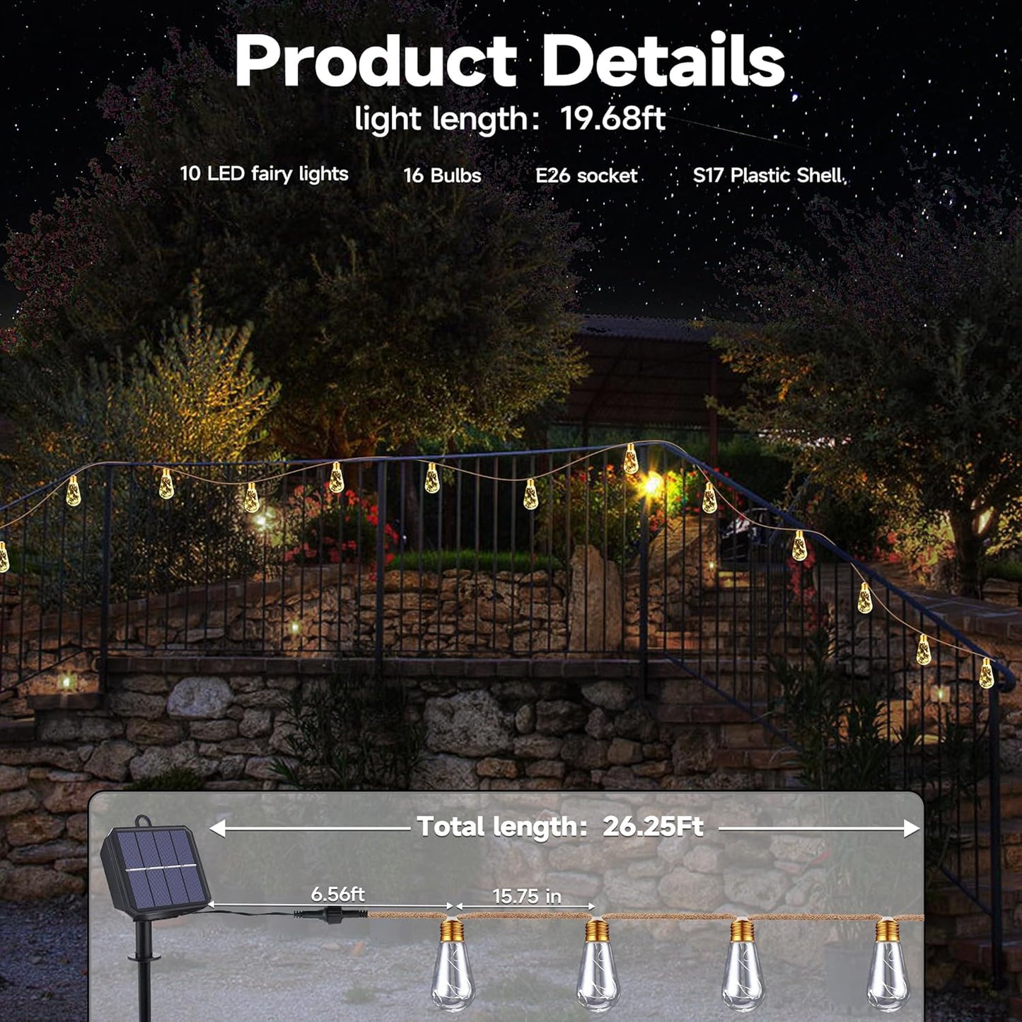 Skiennix Solar Outdoor String Lights - 20Ft Vintage Rope Design | Waterproof Warm White with 8 Modes & 16 Shatterproof Bulbs