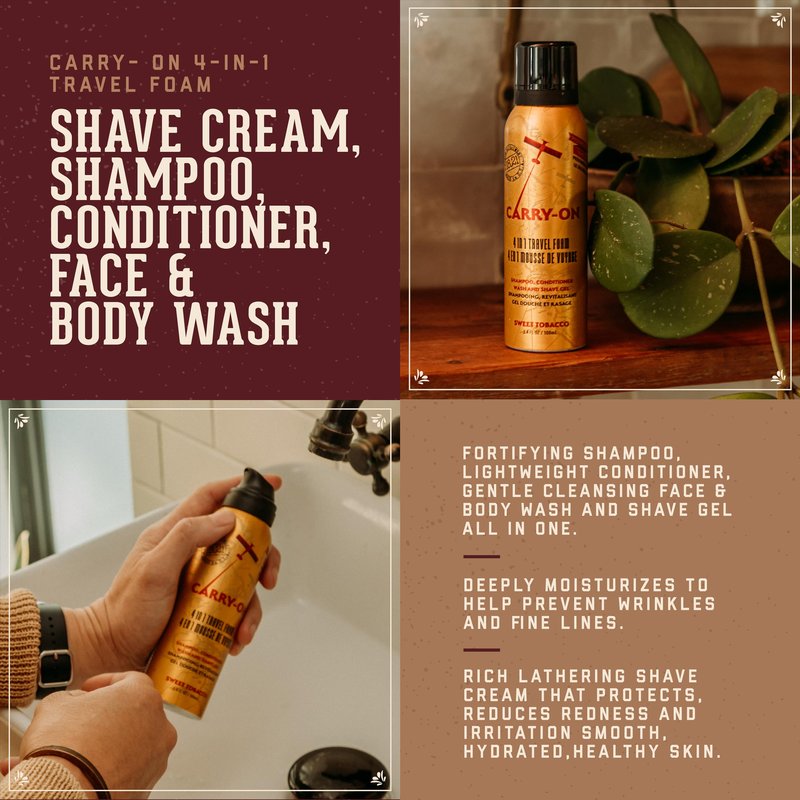 18.21 Man Made Carry On Sweet Tobacco 4-in-1 Travel Foam, Shampoo, Conditioner, Wash & Shave, Carry-On Friendly, 3.4 fl. oz