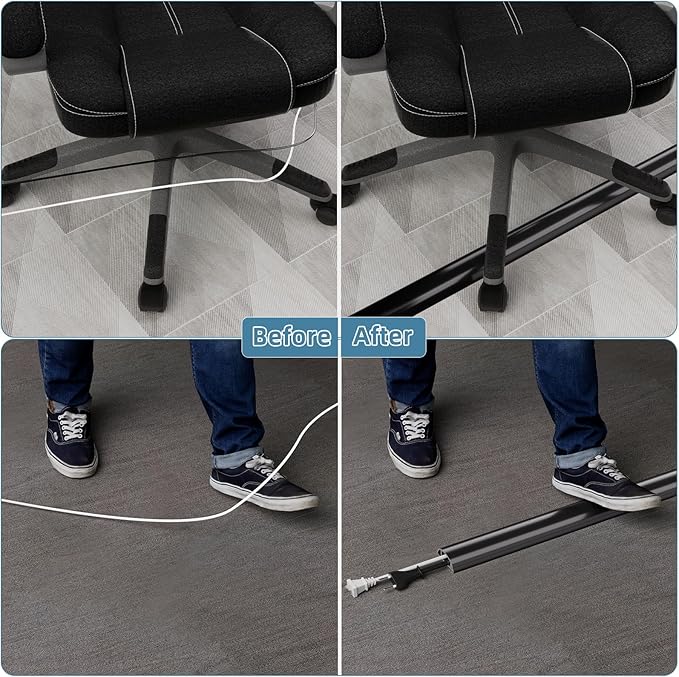 6ft Side Buckle Floor Cord Cover for Wires, Selfadhesive Extension Cord Hider Easy Floor Cable Management Prevent Cable Trips,Silicone Floor Wire Covers for Cords, Cable Protector Cord Cavity（Black）