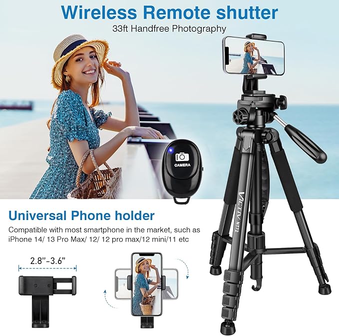 Tripod for Camera and Phone, 72" Tall Camera Tripod Monopod with Remote, Professional Heavy Duty Compact Camera Stand for iPhone, DSLR, Spotting Scope, Telescope, Binocular