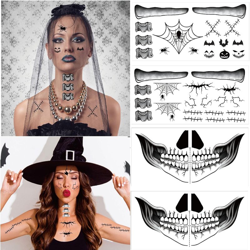 8 Sheets Halloween Temporary Face Tattoos Stickers,Mouth Scar Skeleton Hand Temporary Tattoos Adult, Body Makeup Cosplay Festival Rave Face Stickers Halloween Decorations