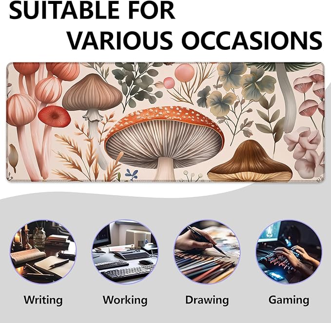 Mounidso Botanical Mushroom Large Mouse Pad, Gaming Mouse Pad, Keyboard Mat, Non-Slip Rubber Base, Office Accessories, Desk Mat, MousePads for School, Work, Home Decor Gifts 31.5" x 11.8"