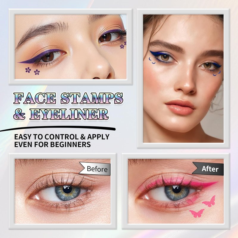 7Pcs Colored Liquid Eyeliner Stamp Pen Double-sided Face Stamps Set Green Red Pink Blue Purple Brown Black Eyeliner, Star Heart Butterfly Moon Flowers Smiley Triangle Stamp for Cosplay Eye Makeup