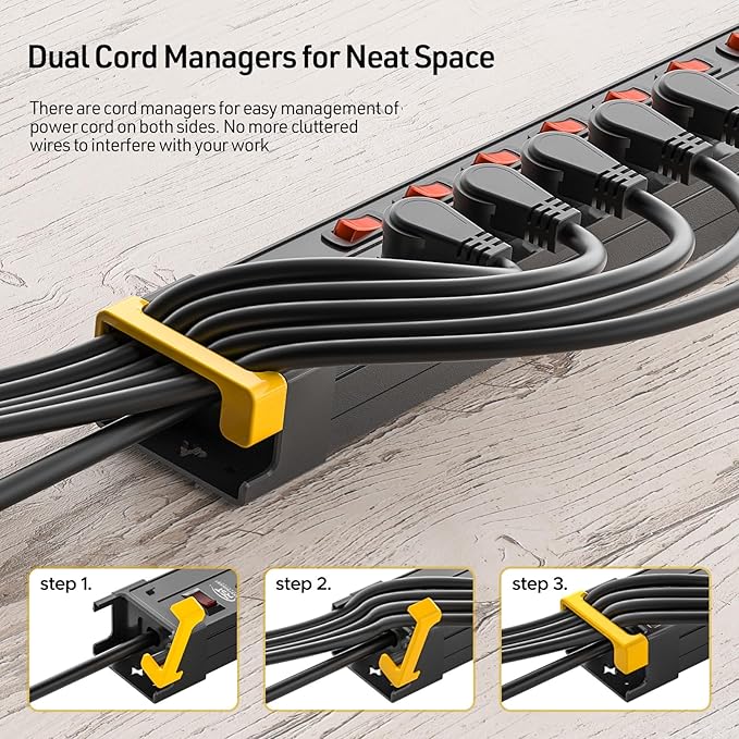 CRST 12-Outlet Metal Power Strip with Individual Switches, Wide Spacing for Bulky Plugs, 1020J Surge Protector, 9FT Cord with Cable Management for Home School Office Garage & Workbench (15A/1875W)