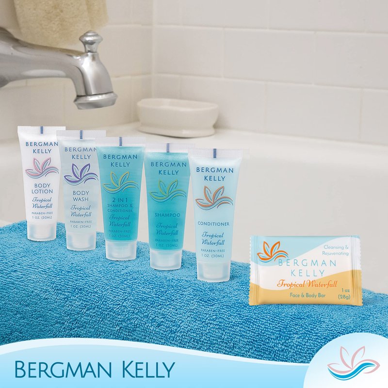 BERGMAN KELLY - Hotel Soap Bars - Tropical Waterfall, 1 oz, 100 PK - Travel Size Luxury Bulk Amenities Bar Soap - Mini Individually Wrapped Rectangular Soap, Small Toiletries for Airbnb & Motel