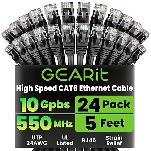 GEARit Cat 6 Ethernet Patch Cables 5 ft Black (Cat 6 Ethernet Cables 5 ft 24-Pack), CAT6 High Speed 24AWG 10Gbps RJ45 Snagless Gold-Plated, Ethernet Cable for Router, Switch, PC, PS5 Gaming, Server