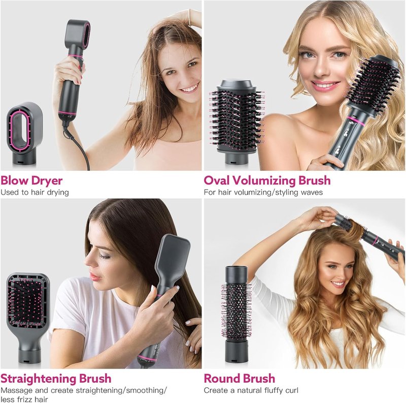 Hair Dryer Brush - 4 in 1 Detachable Negative Ion Blow Dryer for Straightening, Drying & Curling | Gray with Carrying Case