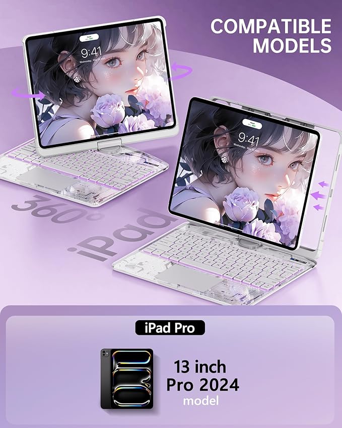 Intermerge Clear Keyboard Case for iPad Pro 13"(M5,2025/ M4,2024), 360° Swivel Multi-Touch Trackpad, 7-Color RGB Backlit, Pencil Holder, Type-C, Power Indicator, Frost Pulse