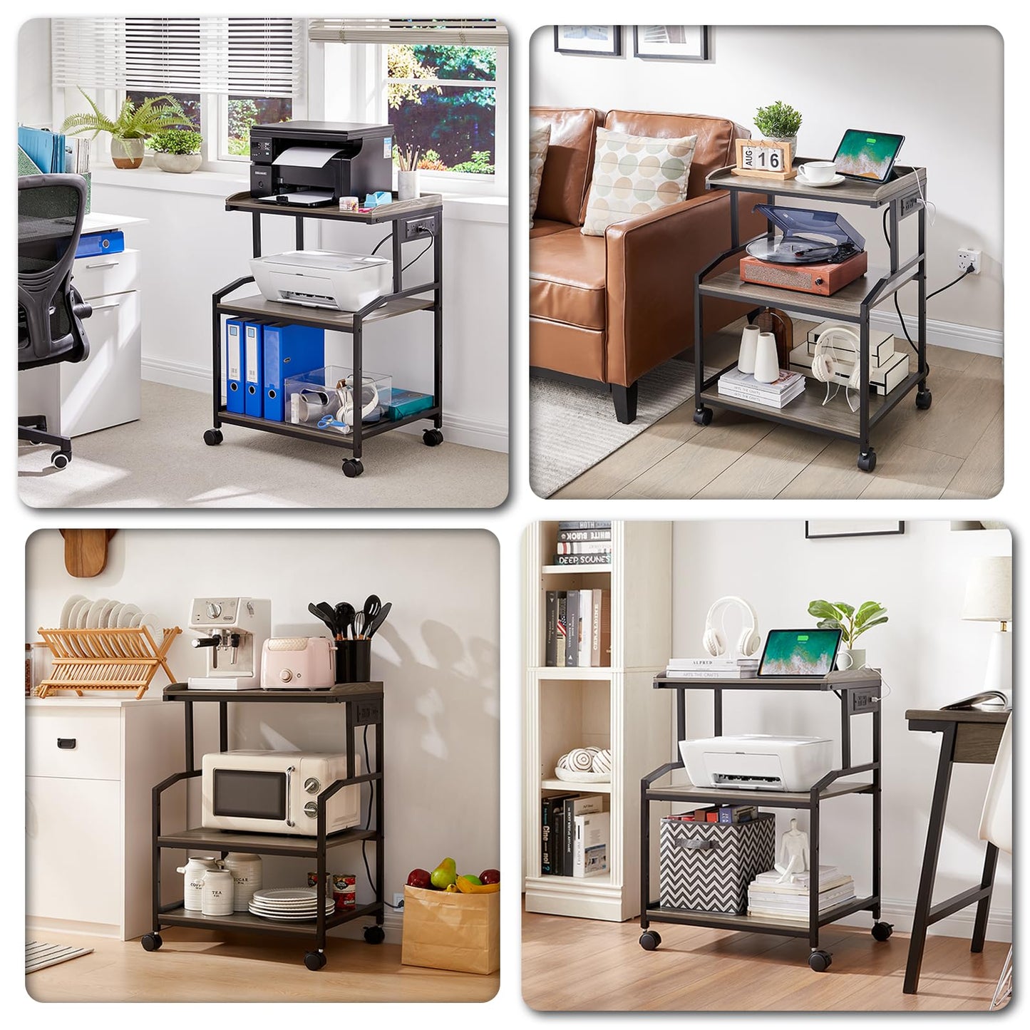 Lauren&Harold 34'' Printer Stand with Power Outlets & USB Ports, 3-Tier Adjustable Rolling Cart, Heavy Duty 150LBS Storage Table with Wheels for Office, Kitchen, Living Room, Grey/Black