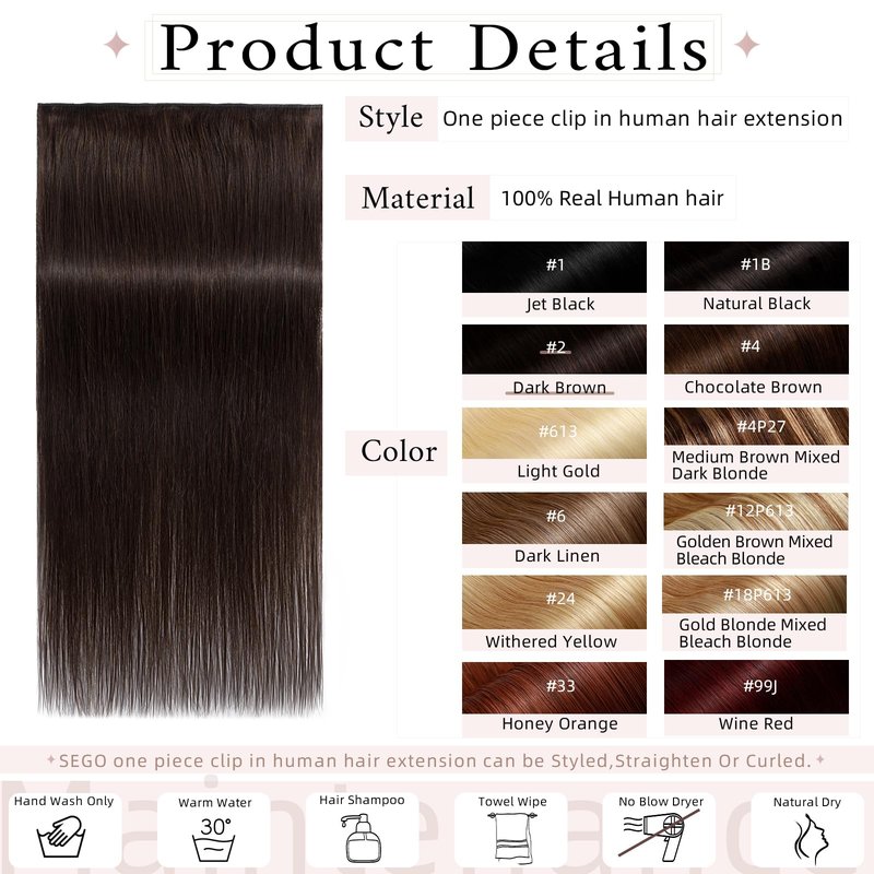SEGO One Piece Clip in Extensions, 5 Clips Real Human Hair Extensions, Long Straight, 10 inches, #04 Chocalate Brown