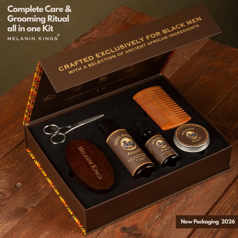 Melanin Kings Beard Grooming Kit for Men - Formulas With Ancient African Natural Ingredients | Beard Wash, Oil, Balm, Brush, Comb, Trimming Scissors