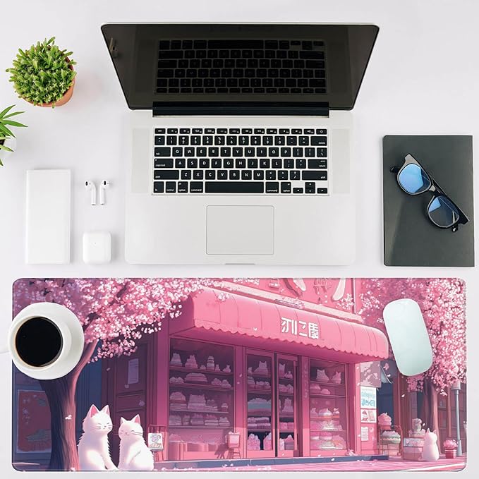NIYLYNSYN Mouse Pad Large Cake Shop and White Cats Non-Slip Gaming Desk Mat with Stitched Edge Laptop Keyboard Desk Pad for Work Home Gaming (35.4 x 15.7 Inches)