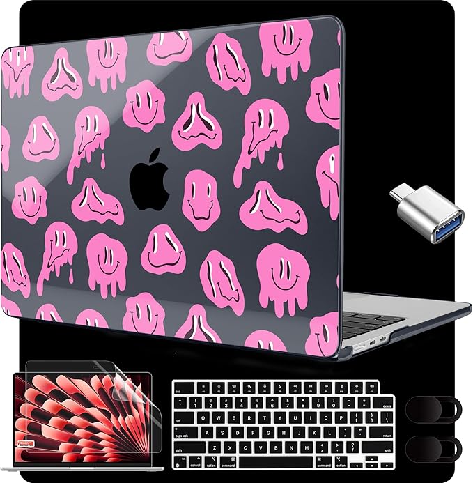 MEEgoodo for M5/M4/M3/M2 MacBook Air 15 inch Case 2026 2025 2024 2023, Case Fit Model (A3448/A3241/A3114/A2941) for MacBook Air 15.3 inch, Pink Groovy Emoji