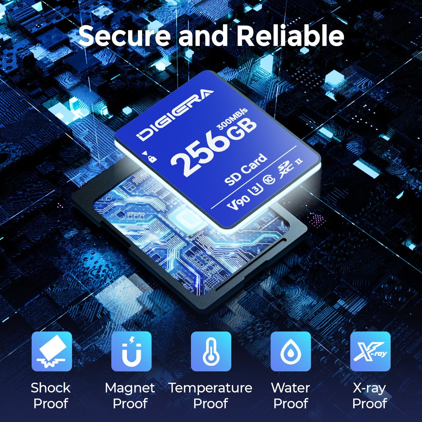 DIGIERA 256GB LSU200 SDXC UHS-II Memory Card - up to 300MB/s, C10, U3, V90, 8K, SD Card for Computers, Digital Cameras, Home Theatre Devices, Car Navigation Systems (1 Pack)