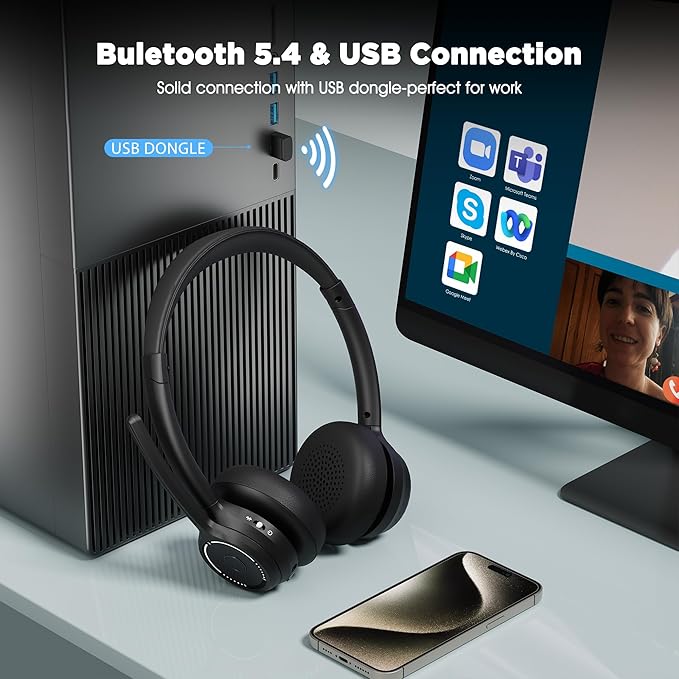 Gixxted (2025 Upgraded) Wireless Headset with Mic for Work, Bluetooth Headset with Noise Canceling Microphone, Wireless On Ear Headphones with USB Dongle and Mute Mic for Computer