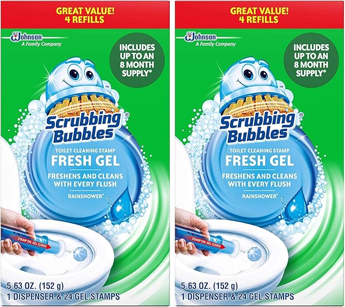 Scrubbing Bubbles Fresh Gel Toilet Cleaning Stamp, Rainshower, Dispenser with 4 Refills - Pack of 2
