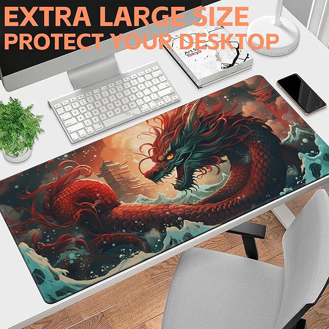 NIYLYNSYN Mouse Pad Large Chinese Traditional Dragon Non-Slip Gaming Desk Mat with Stitched Edge Laptop Keyboard Desk Pad for Work Home Gaming (35.4 x 15.7 Inches)