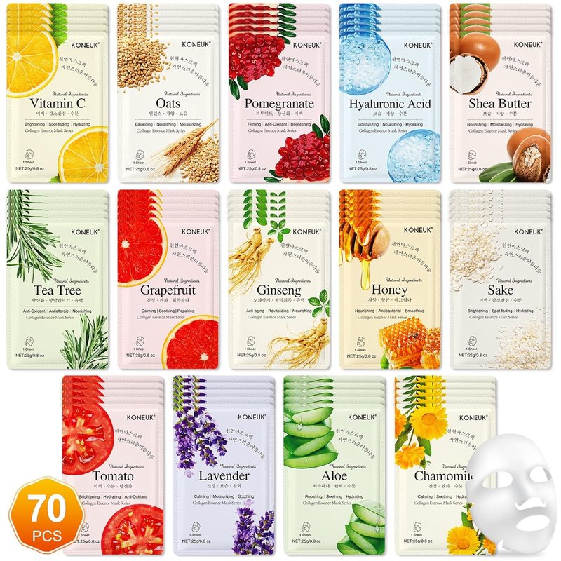 KONEUK Hydrating Sheet Face Masks - 70 Pack for All Skin Types | Spa-Quality Facial Masks for Women