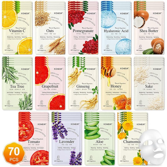 KONEUK Hydrating Sheet Face Masks - 70 Pack for All Skin Types | Spa-Quality Facial Masks for Women