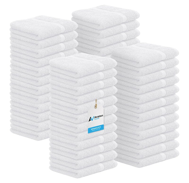 Avalon Towels Wash Cloths for Showering 48 Pack 100% Cotton White Washcloths Bulk 12x12 Wash Rags, Facial Towel, Face Towels for Body, Bath Washcloth, Fingertip Towel