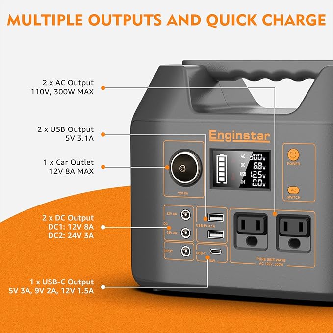 EnginStar Portable Power Station,300W Solar Generator, 110V 296Wh Power Bank Two Pure Sine Wave AC Outlet 80000mAh Lithium Battery Pack for Camping Outdoors Trip RV Hunting Vans Emergency Backup